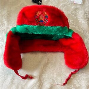 Red and Green Fur Trapper Hat